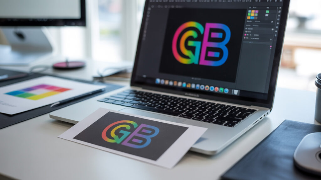 Ausgedrucktes Logo und Logo am Bildschirm eines Laptops zeigen Farbverschiebungen