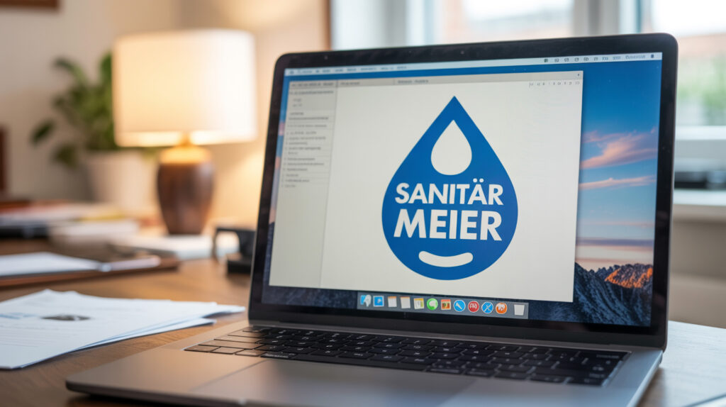 Laptop auf dem Schreibtisch mit Logoentwurf auf dem Bildschirm