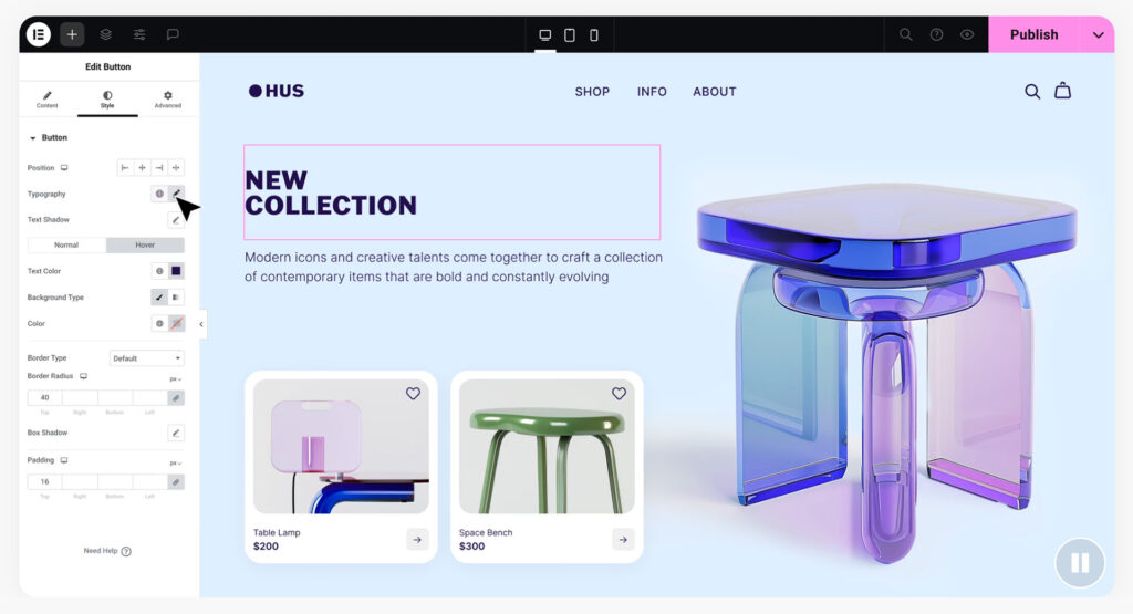 Screenshot des Elementor Page Builders in WordPress zeigt die visuelle Bearbeitungsoberfläche mit Drag-and-Drop-Funktionen