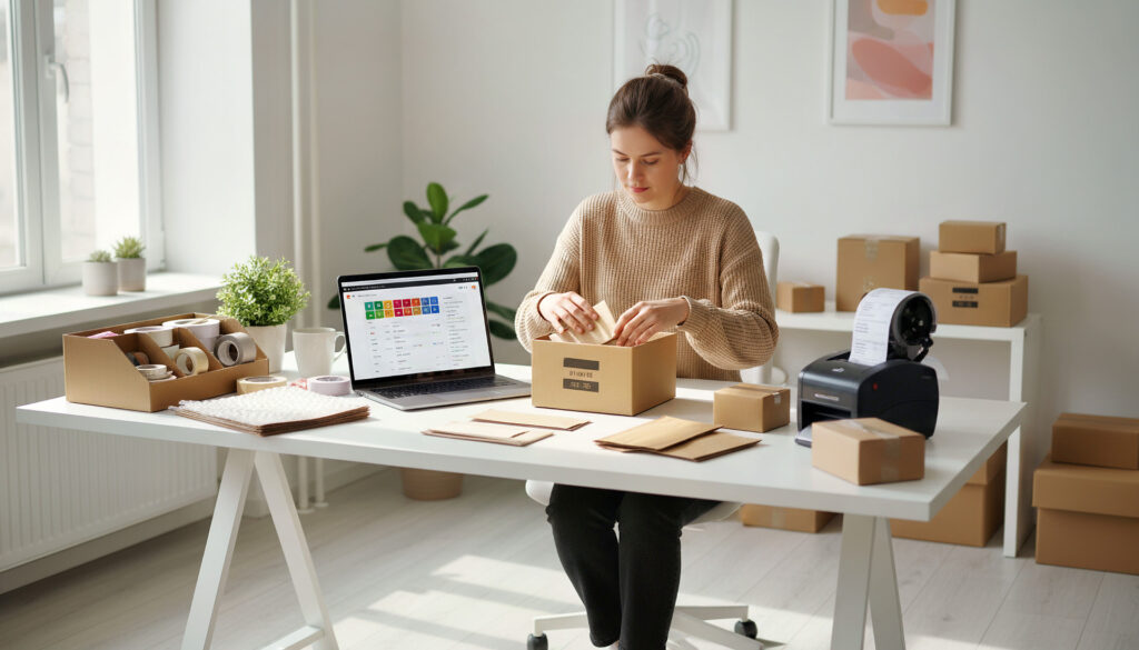 Junge Unternehmerin verpackt Bestellung in hellem, ordentlichen Büro