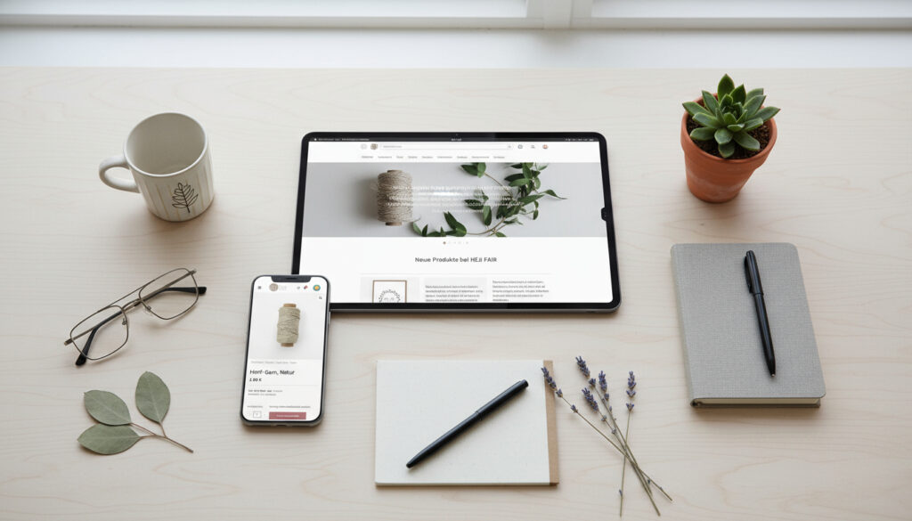 Smartphone und Tablet auf hellem Schreibtisch im Freelancer-Büro von oben fotografiert