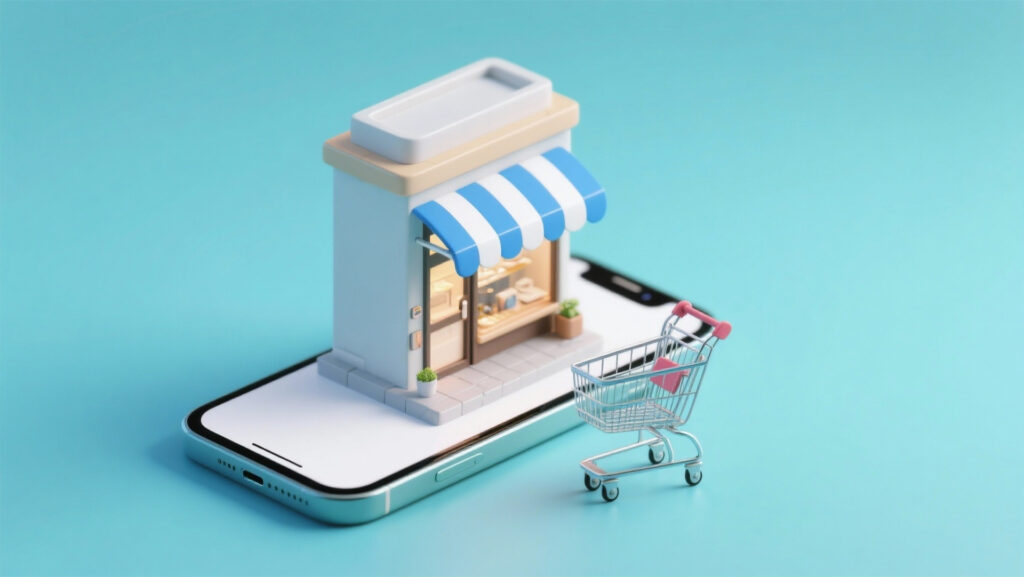 3D-Darstellung eines Smartphones mit virtuellem Onlineshop und Einkaufswagen für Mobile Commerce