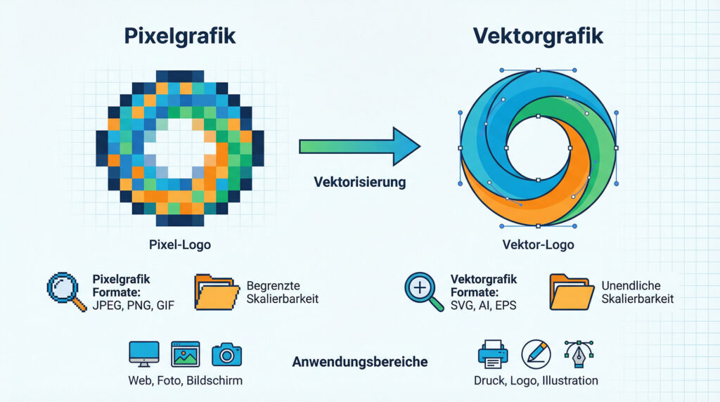 Infografik zeigt Unterschied zwischen Pixelgrafik und Vektorgrafik mit Beschriftungen