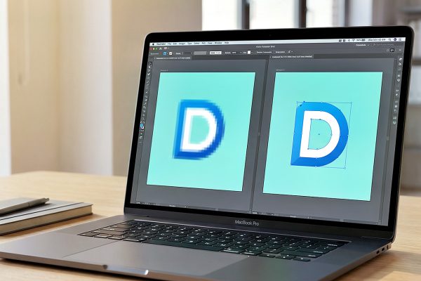 MacBook Display zeigt Adobe Illustrator mit verpixeltem und vektorisiertem Logo im Vergleich