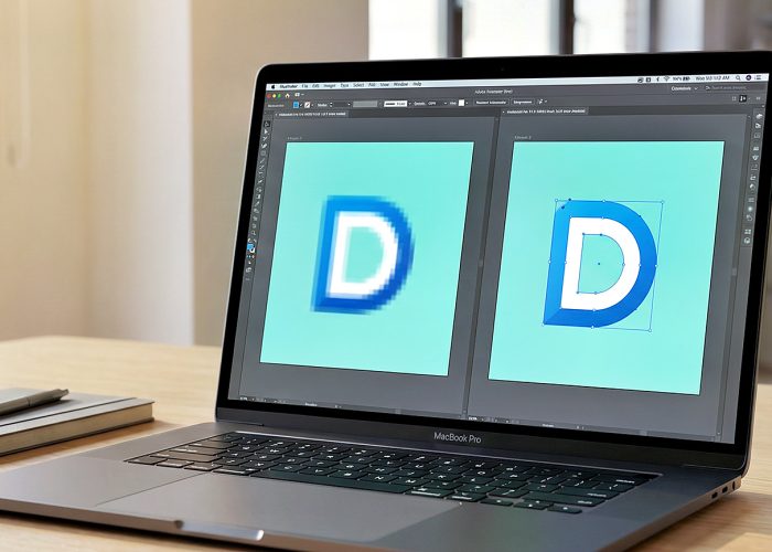 MacBook Display zeigt Adobe Illustrator mit verpixeltem und vektorisiertem Logo im Vergleich
