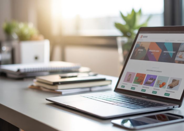 Laptop zeigt professionellen Onlineshop auf aufgeräumtem Schreibtisch